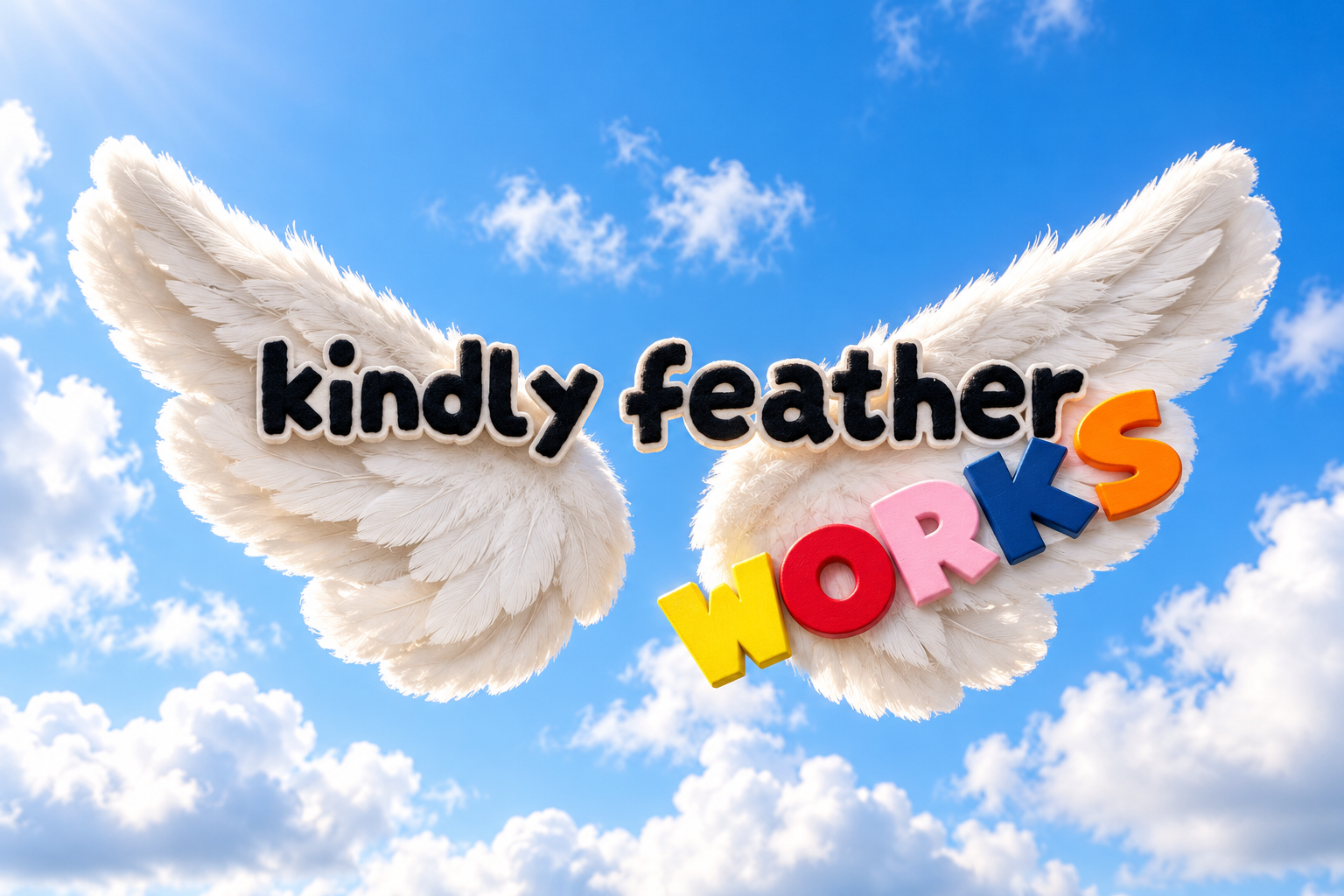 青空と雲の中に浮かぶ、羽のある kindlyfeatherWORKS ロゴ